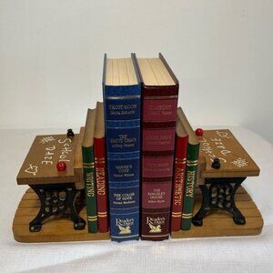 Vintage School Daze Enesco Cast Iron Wood BOOK ENDS Vintage 1970s Pair Teacher